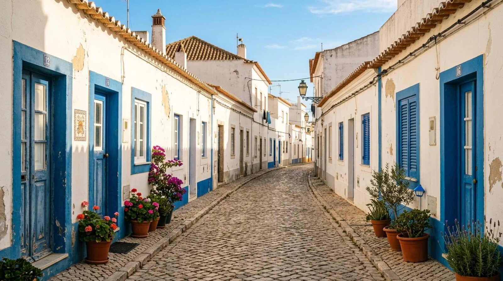 Rua de uma vila portuguesa com casas de paredes brancas e janelas