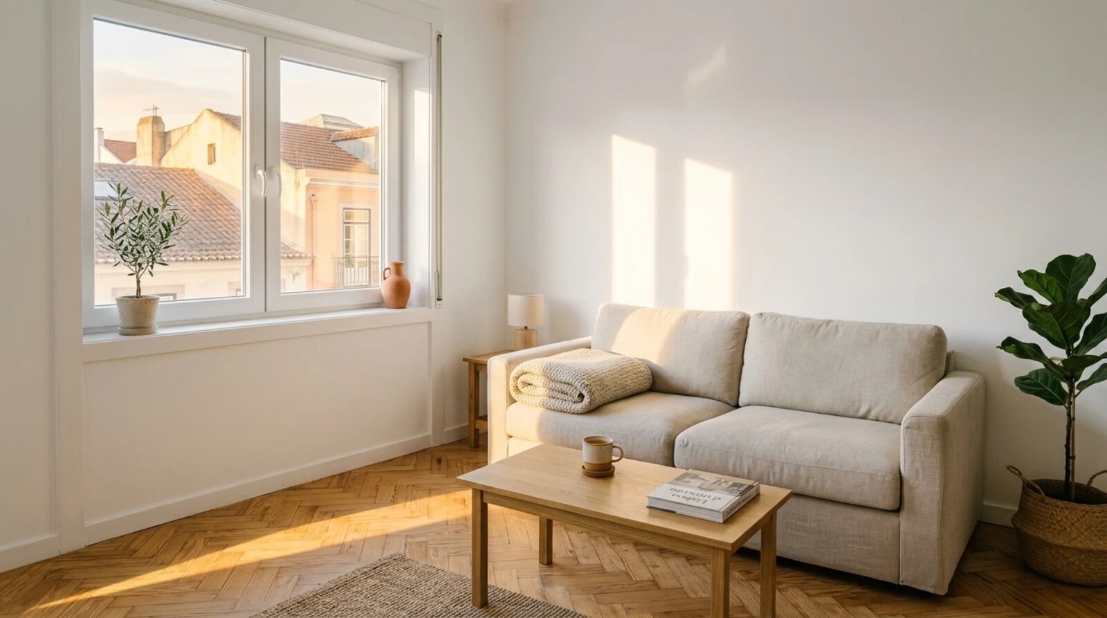 Sala com sol de inverno a entrar pelas janelas e a iluminar o chão